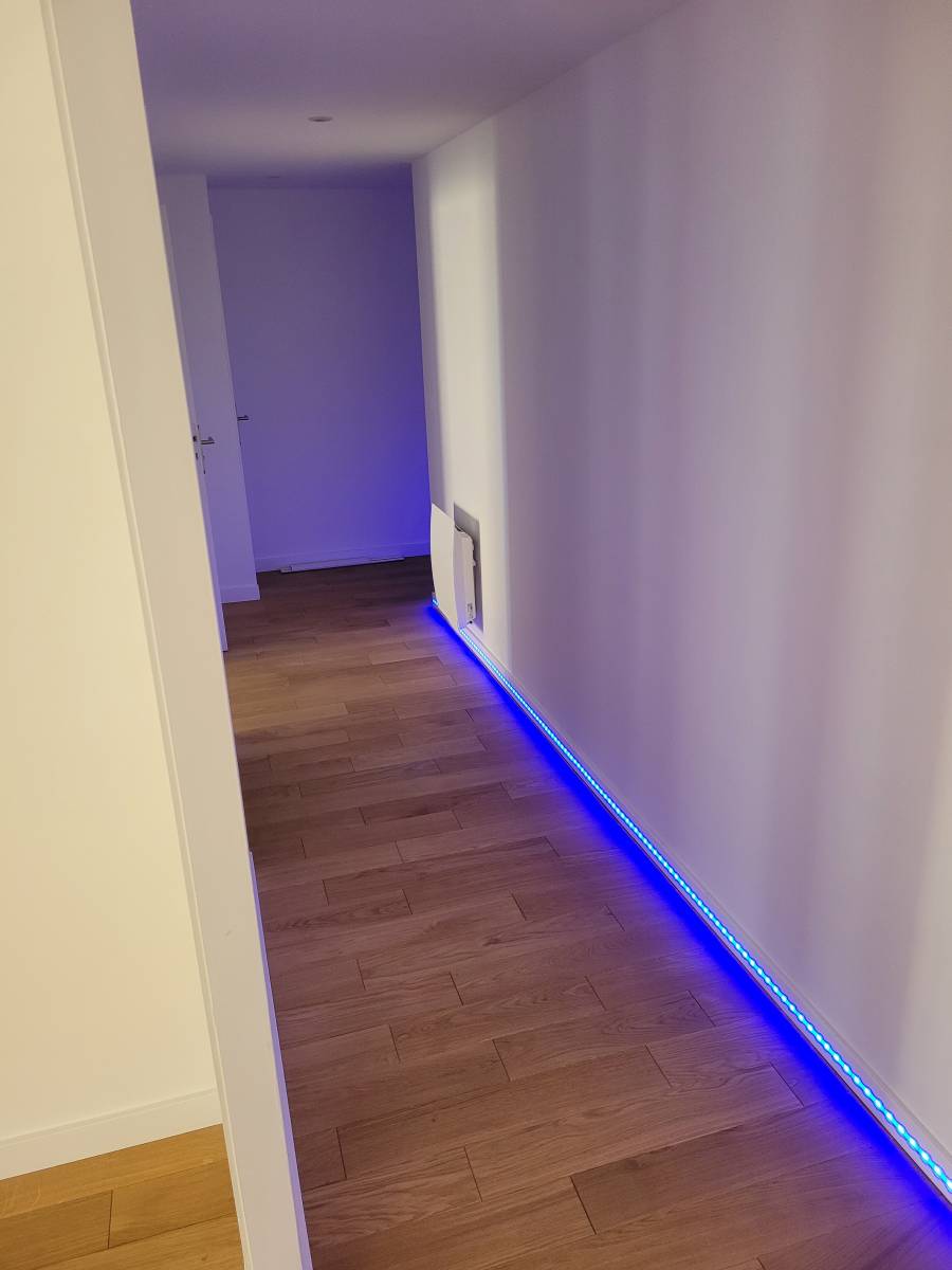 Avant/Après travaux de rénovation couloir parquet peinture LED à Lyon